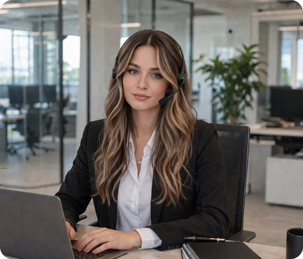 | Stream Telecom Customer service representative wearing a headset sits at a desk with a laptop in a modern office setting.