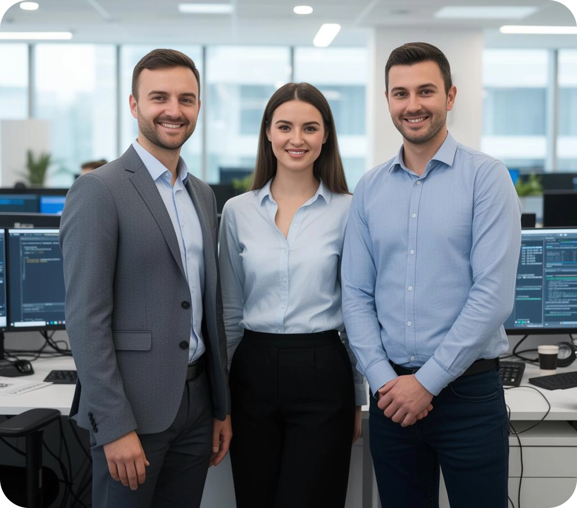 | Stream Telecom Three smiling young professionals stand together in a modern open-office, with computer monitors in the background.