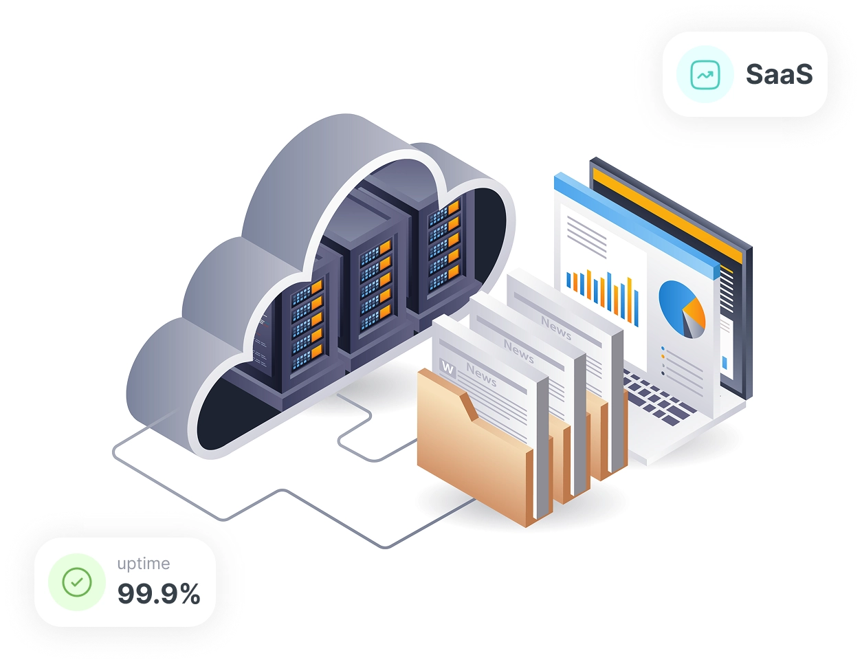 | Stream Telecom Cloud servers connected to a laptop showing charts and folders, representing SaaS data hosting and analytics.