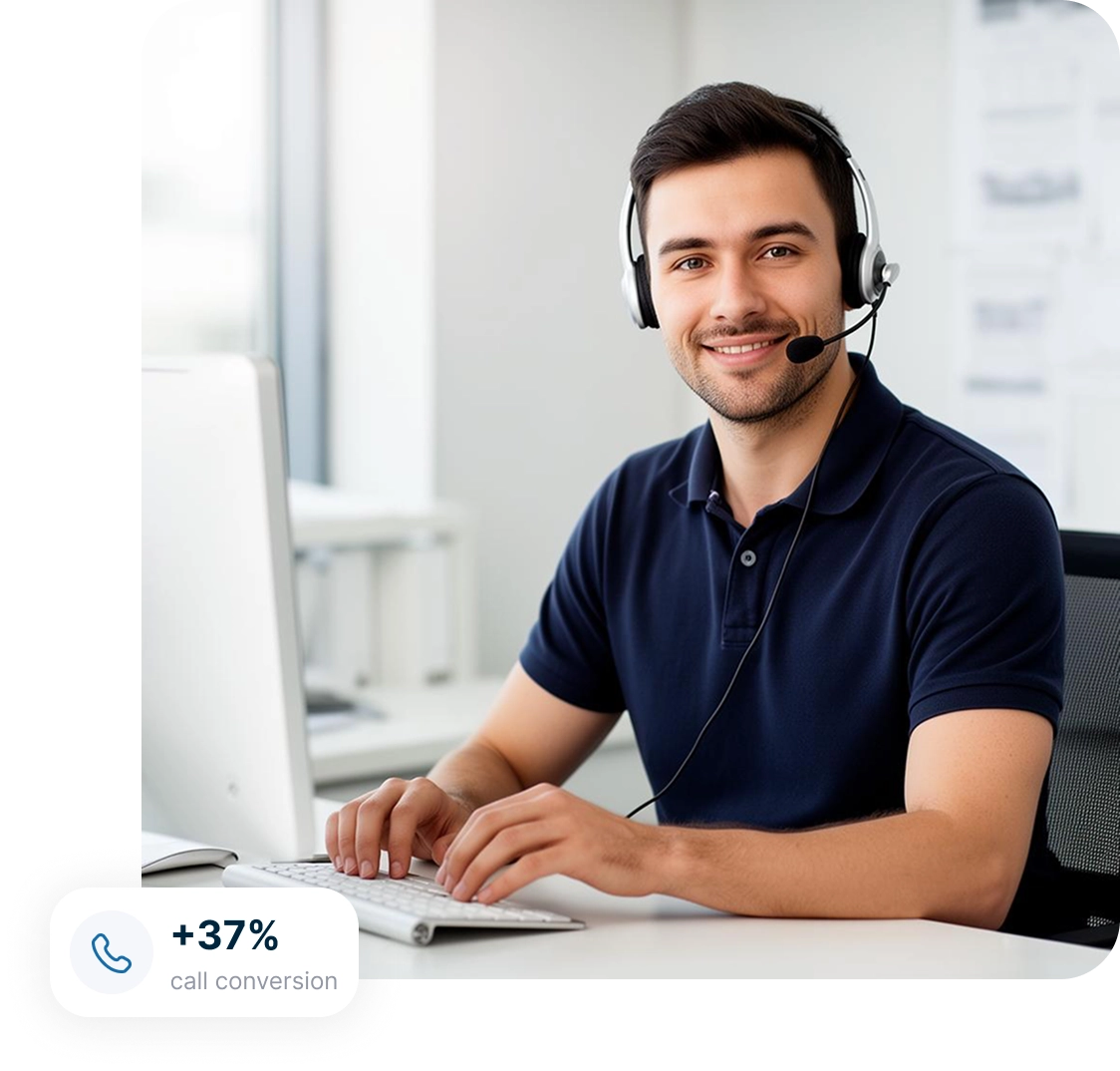 | Stream Telecom Support agent with headset typing at a computer, smiling in a bright office (indicates +37% call conversion).