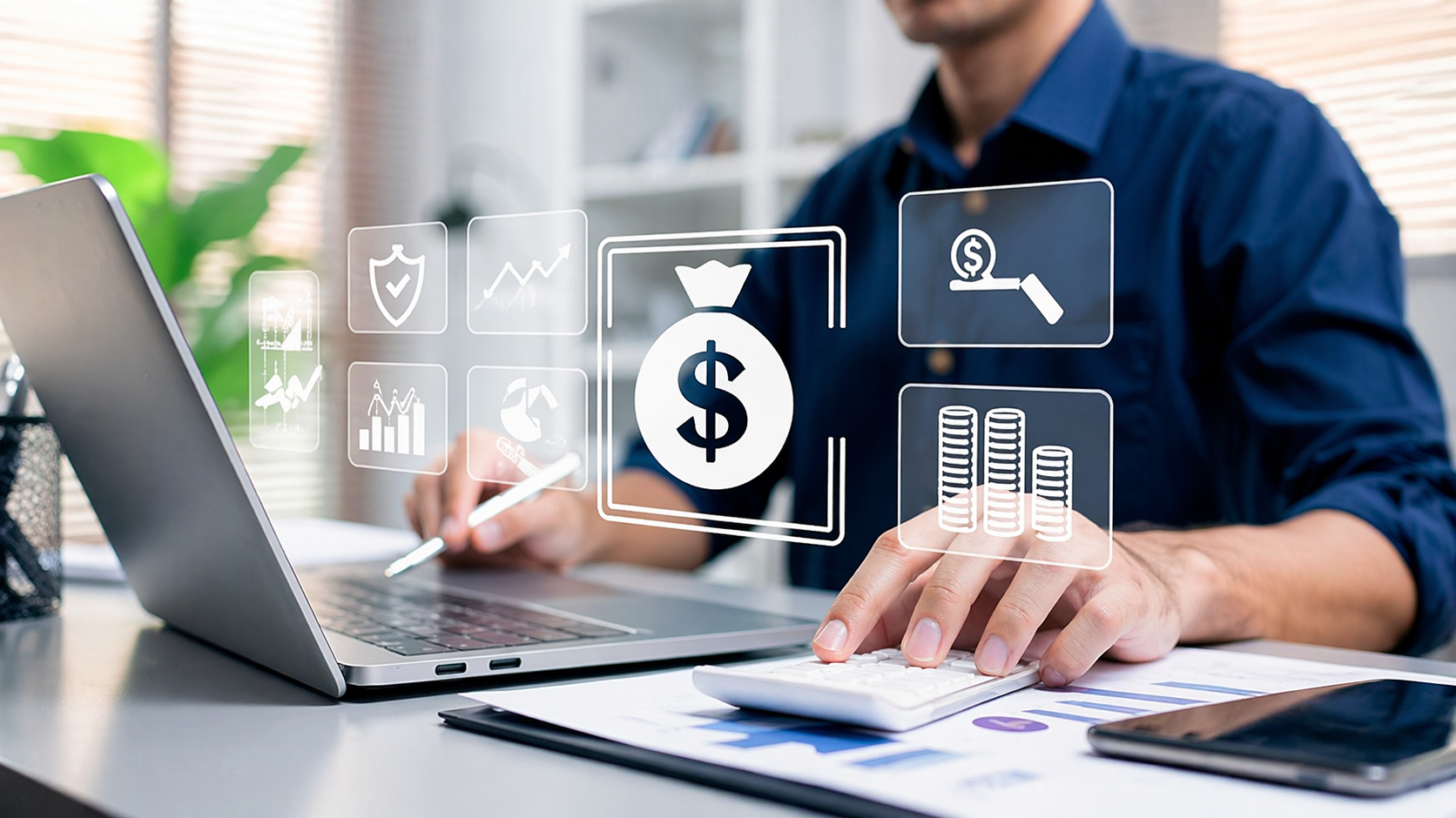 ВАТС_філії | Stream Telecom Businessperson typing on a laptop with translucent finance icons (dollar symbol, coins, charts, shield) hovering in the air as a financial dashboard