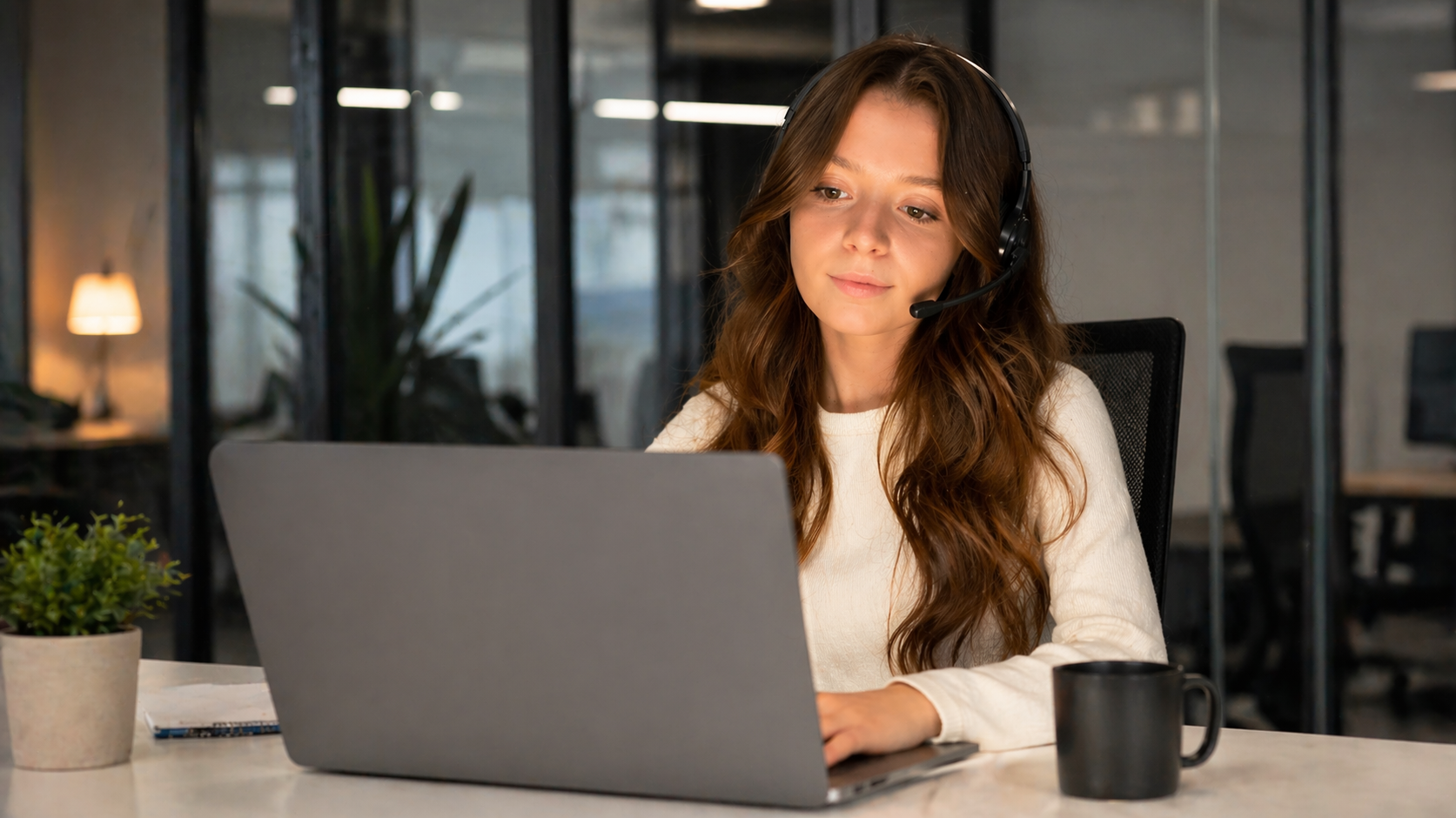 ВАТС_підтримка | Stream Telecom Woman wearing a headset and working on a laptop at a desk in a modern office setting.
