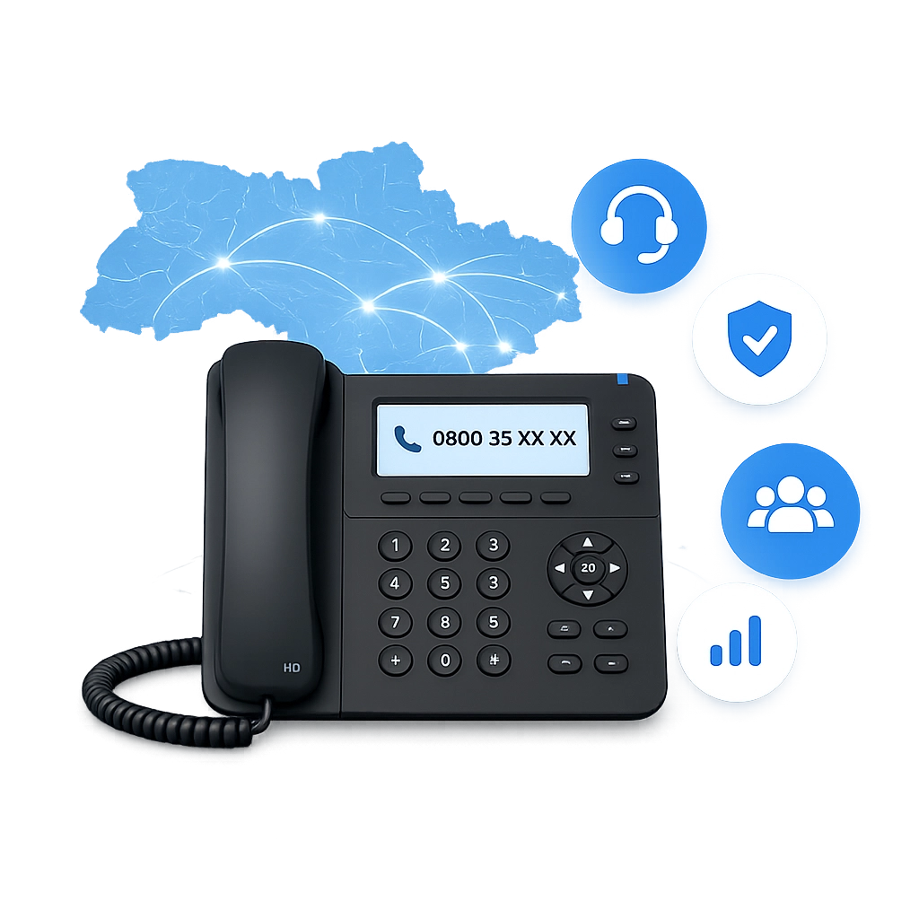 | Stream Telecom Office desk phone with keypad and display, surrounded by blue icons for support, security, users, and analytics.