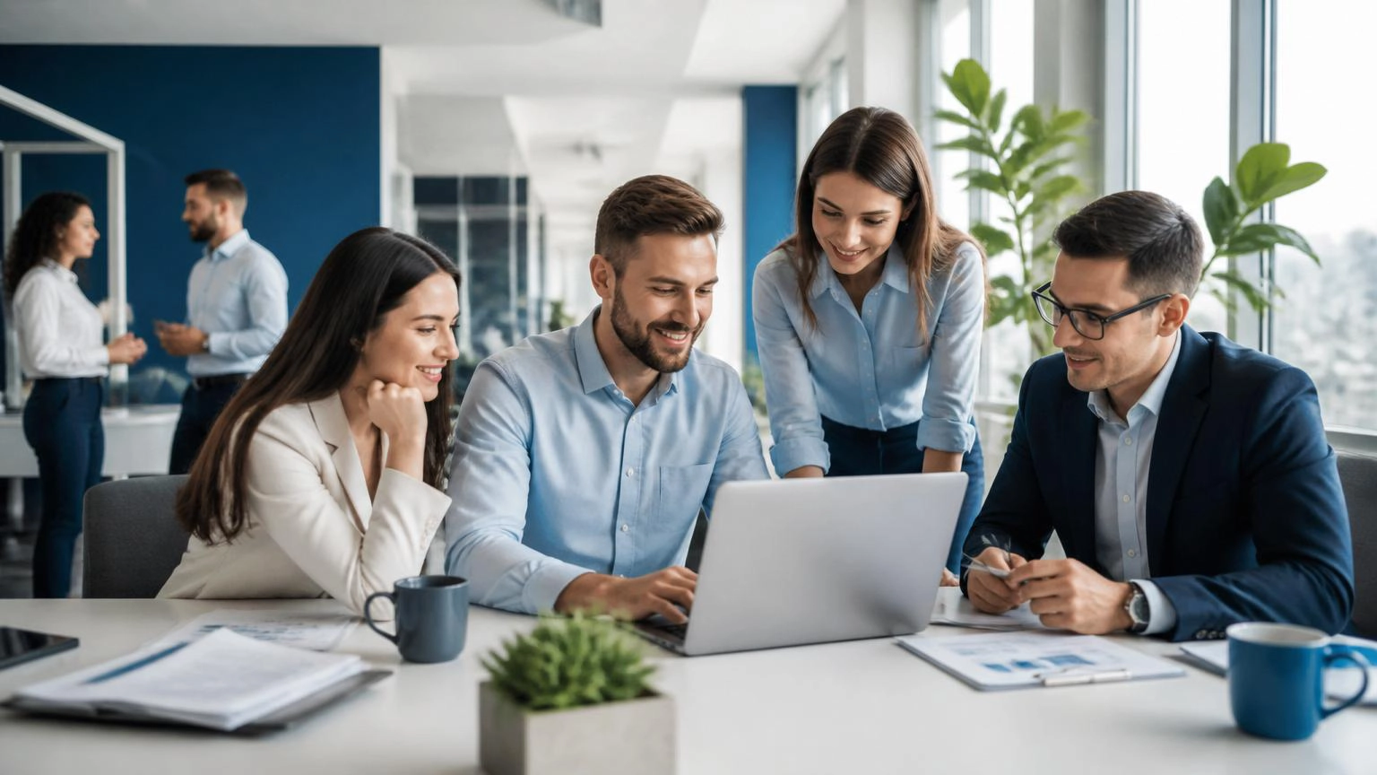 | Stream Telecom Four coworkers collaborate around a laptop at a bright office table, smiling as they review something on screen while two colleagues chat in the background.