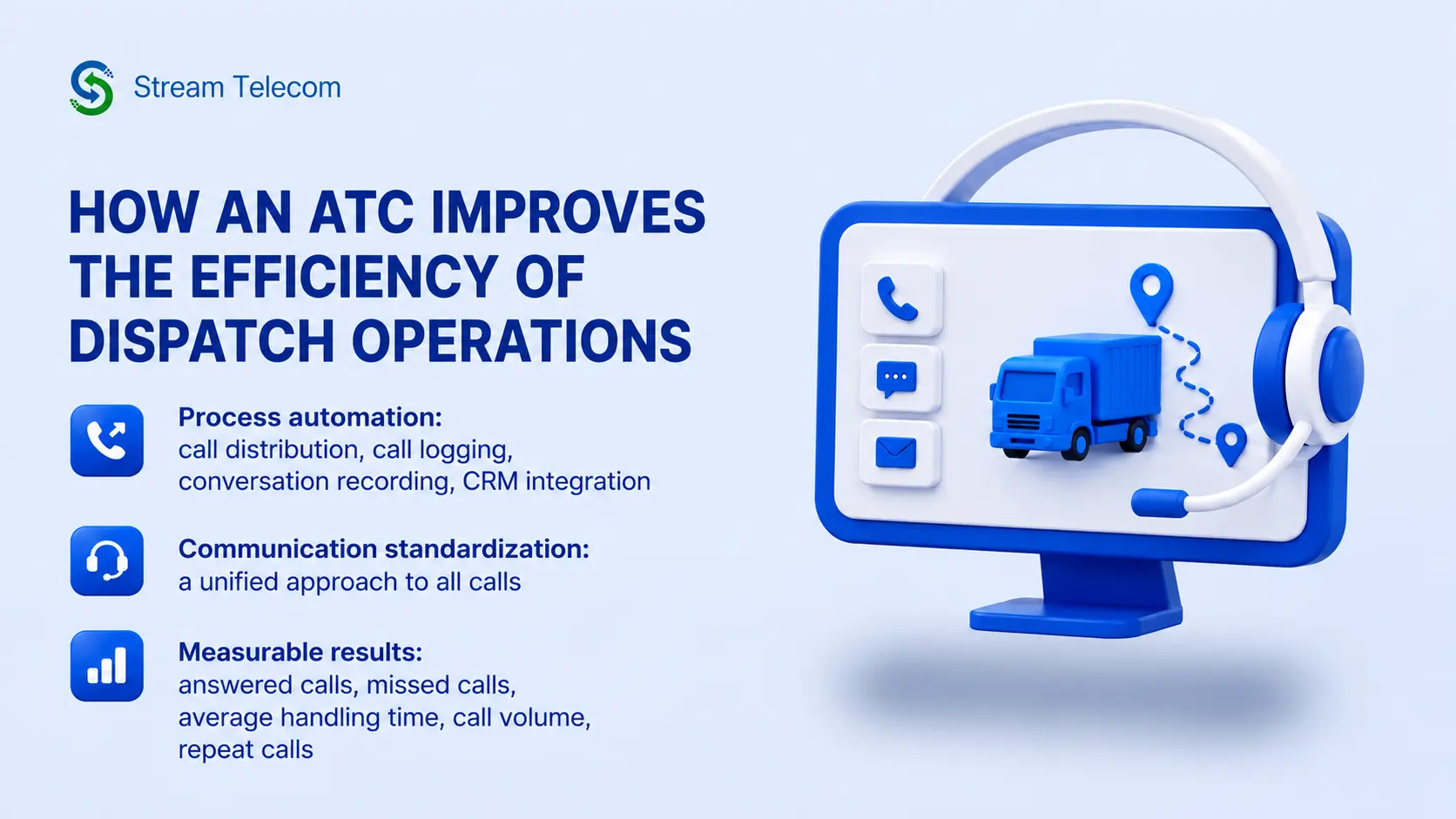 IMG_0461 | Stream Telecom Banner showing Stream Telecom logo and the headline about improving dispatch operations, with a blue truck on a monitor and three bullet point features in blue.