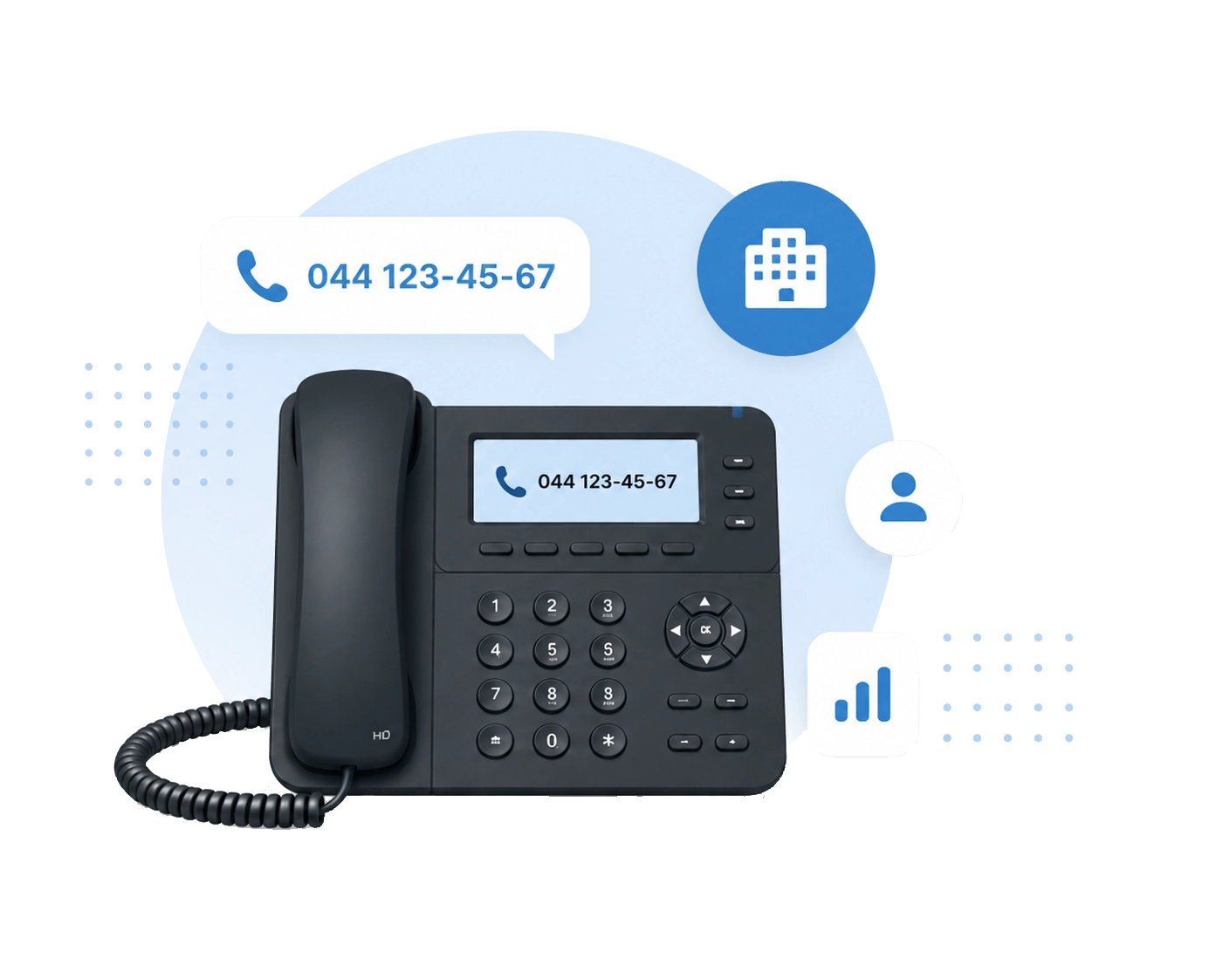 | Stream Telecom Desk phone with a display showing the contact number 044 123-45-67, surrounded by blue icons for contact and communication.