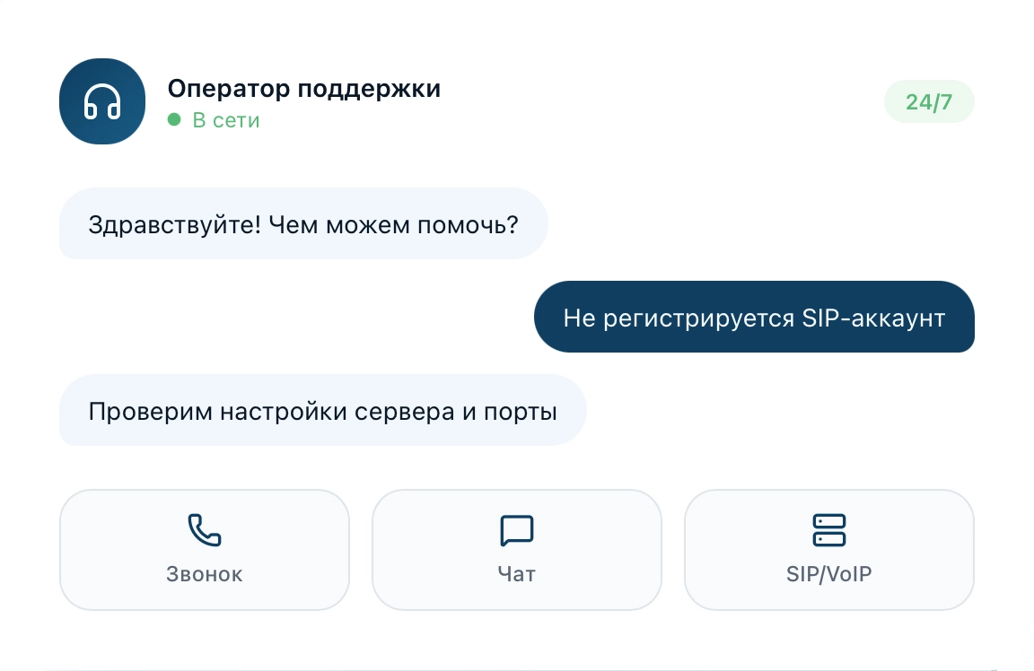 | Stream Telecom Чат поддержки: приветственное сообщение, ответ о SIP-аккаунте не зарегистрирован, три кнопки связи: Звонок, Чат, SIP/VoIP.