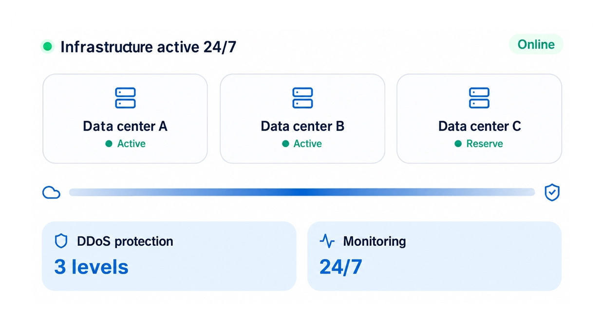 | Stream Telecom Infographic of online infrastructure: Data centers A and B active, C on reserve, with 3-level DDoS protection and 24/7 monitoring.