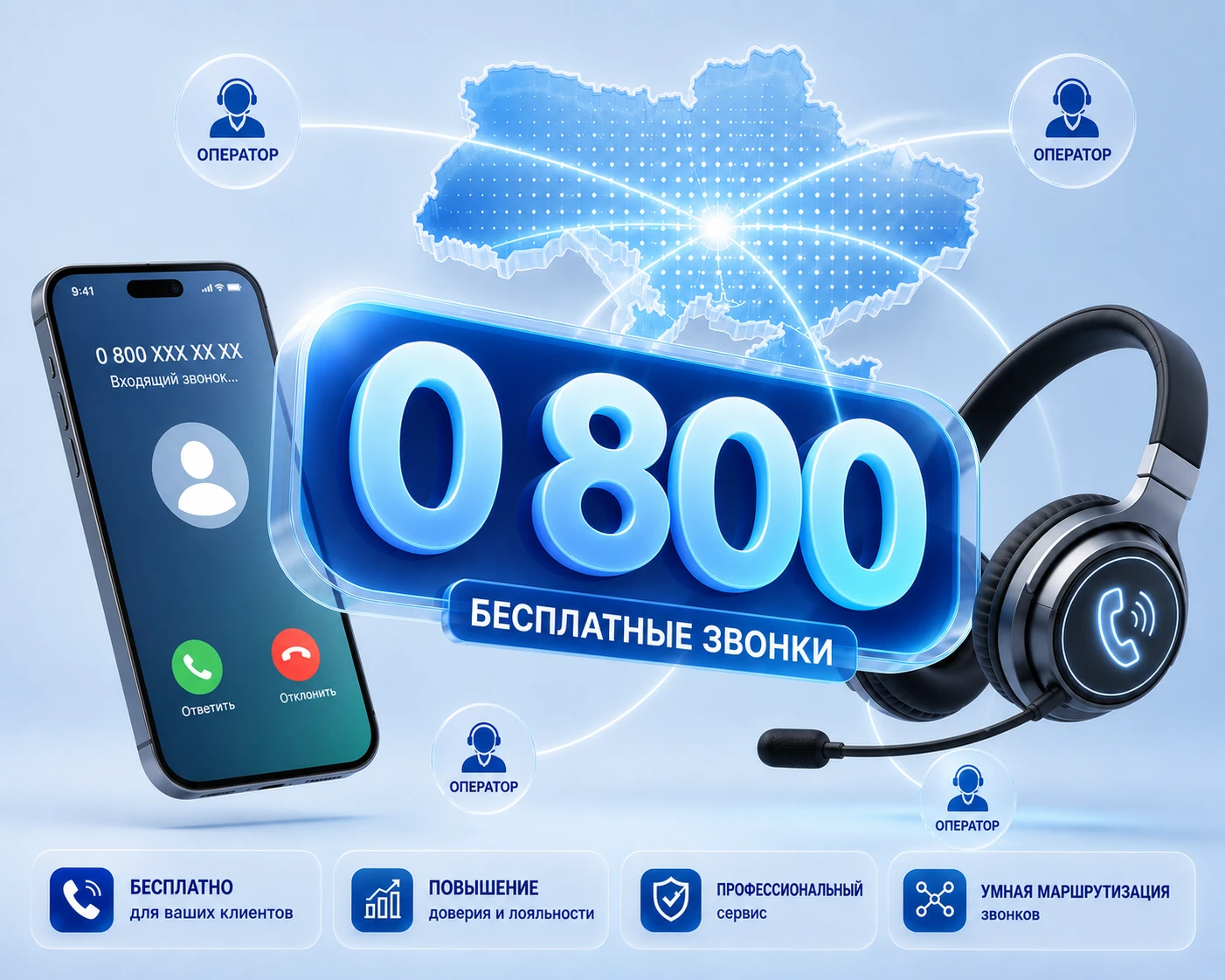 | Stream Telecom Promotional graphic for toll-free calls: large '0 800' and 'БЕСПЛАТНЫЕ ЗВОНКИ' with a smartphone and headset.