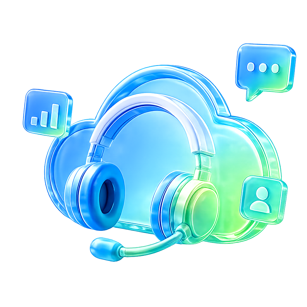 IMG_0989 1 | Stream Telecom Neon blue headphones with microphone and floating chat icons, symbolizing online customer support.