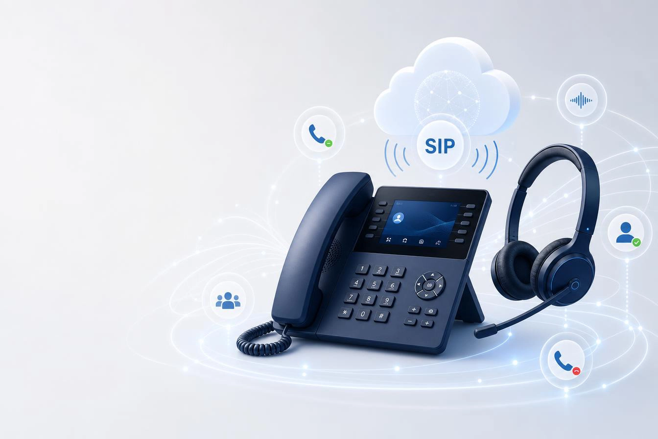 | Stream Telecom Desk IP phone with a headset, surrounded by SIP and communication icons to depict cloud-based telephony.