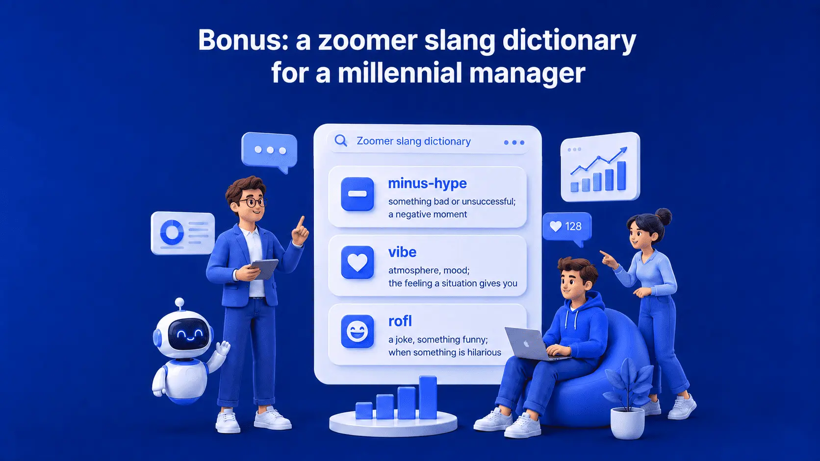 словник англ 1 | Stream Telecom Three 3D characters surround a floating dictionary panel listing Zoomer slang terms minus-hype, vibe, and rofl on a blue background.