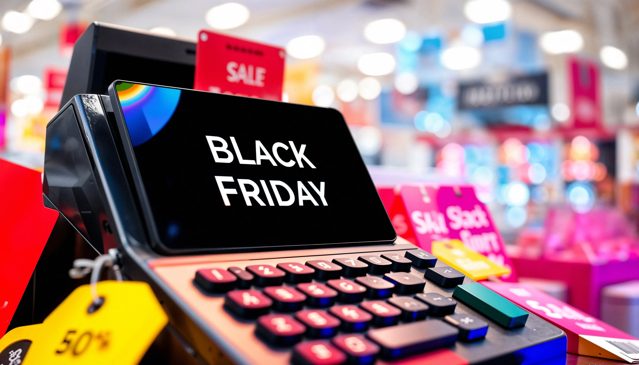 blackfriday-celebration-marketing 1 | Stream Telecom Black Friday sale sign on a cash register in a bright store display.
