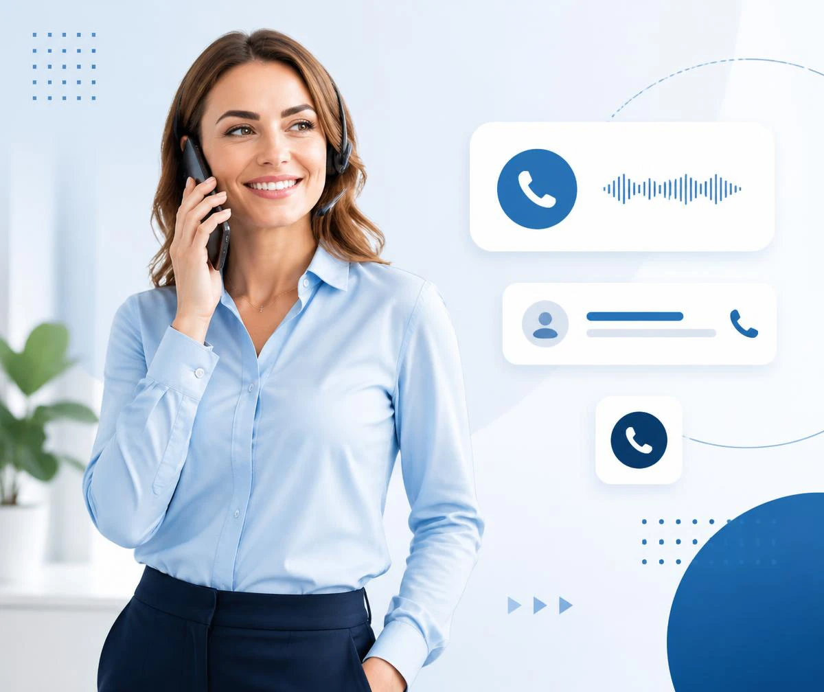 | Stream Telecom Smiling woman wearing a headset on a call, with abstract chat and phone icons in the background (customer support scene).
