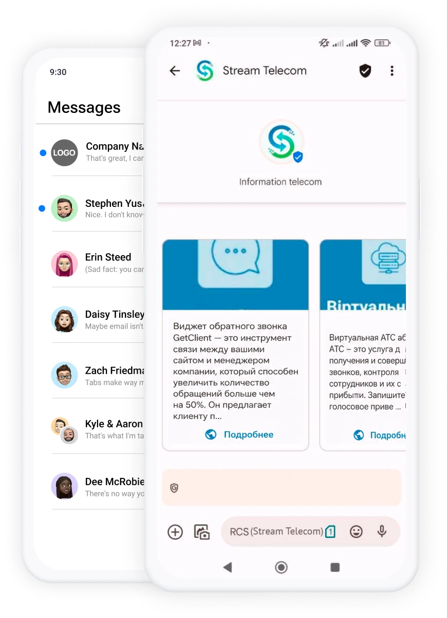 | Stream Telecom Two overlapping smartphones showing a messaging app on the left and a Stream Telecom app screen on the right, with contacts and chat previews visible.