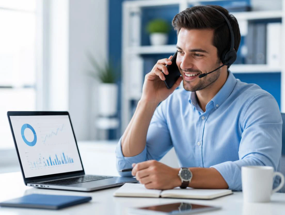 | Stream Telecom Man wearing a headset, talking on the phone at a desk with a laptop displaying charts and graphs.