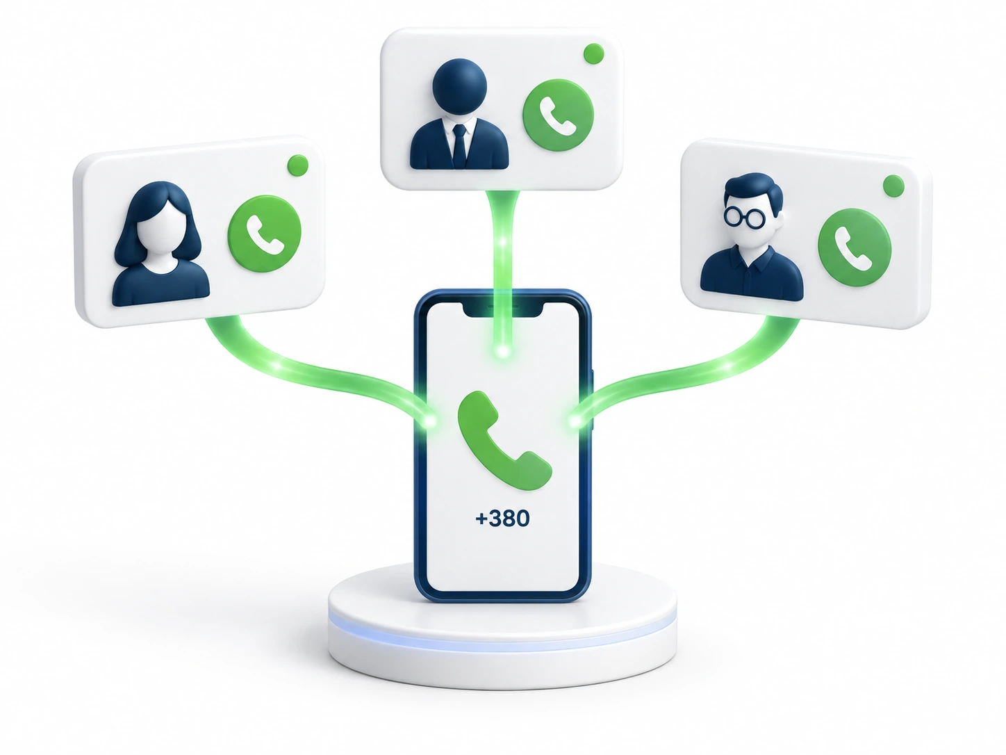 | Stream Telecom Smartphone at the center connected by glowing green lines to three floating user cards with green call icons, showing multi-channel calling.