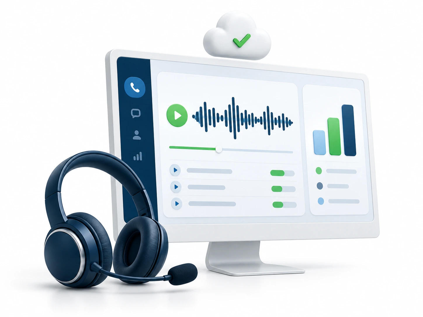 | Stream Telecom Monitor displays a cloud-connected audio editor with waveform, playback controls, and charts; blue headset in foreground.”,