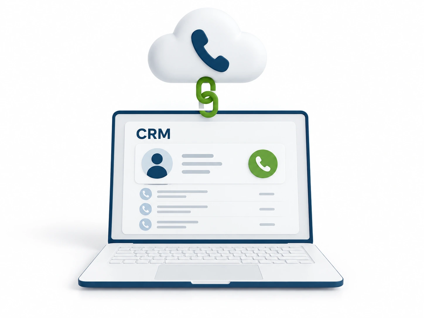 | Stream Telecom CRM dashboard displayed on a laptop screen, linked to a cloud icon via a green chain link