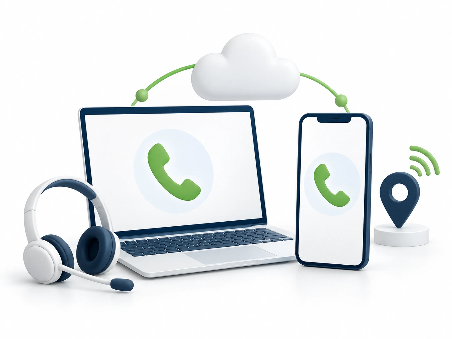 | Stream Telecom Cloud-connected laptop and smartphone with headset, symbolizing online communication and telephony services