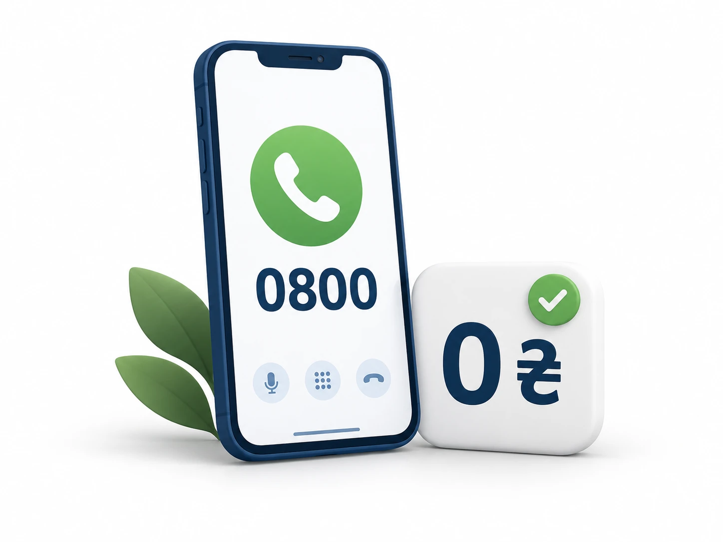 | Stream Telecom Smartphone displaying a green call icon and the free number 0800, with a white checkmark cube showing 0₴, suggesting a free service in Ukraine.