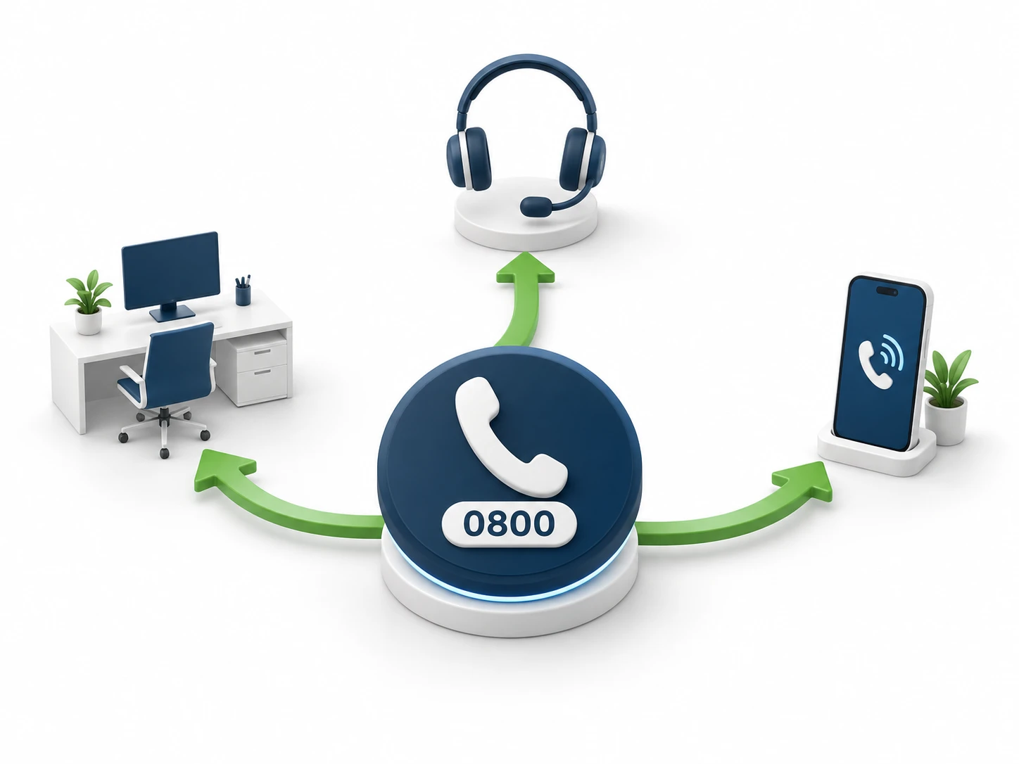 | Stream Telecom Blue circular call-center hub with 0800, connected to a desk setup, headset, and smartphone via green arrows, illustrating routing to support
