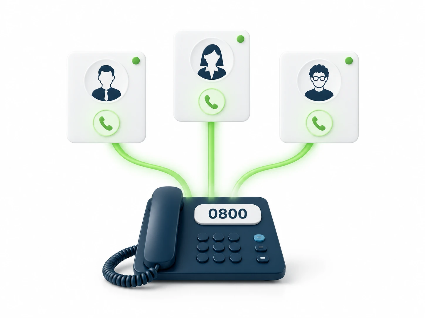 | Stream Telecom Phone with three lines connecting to three user avatars, illustrating call routing or a conference/broadcast call center concept