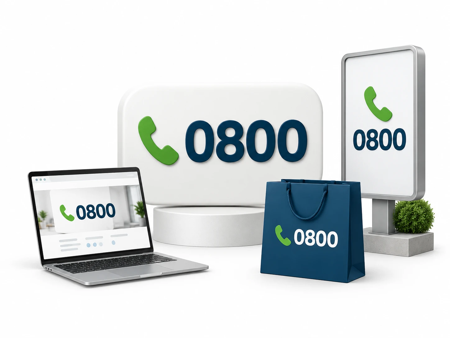 | Stream Telecom Toll-free number 0800 displayed with a green phone icon on a large sign, a laptop screen, a standing display, and a shopping bag as a promo image.