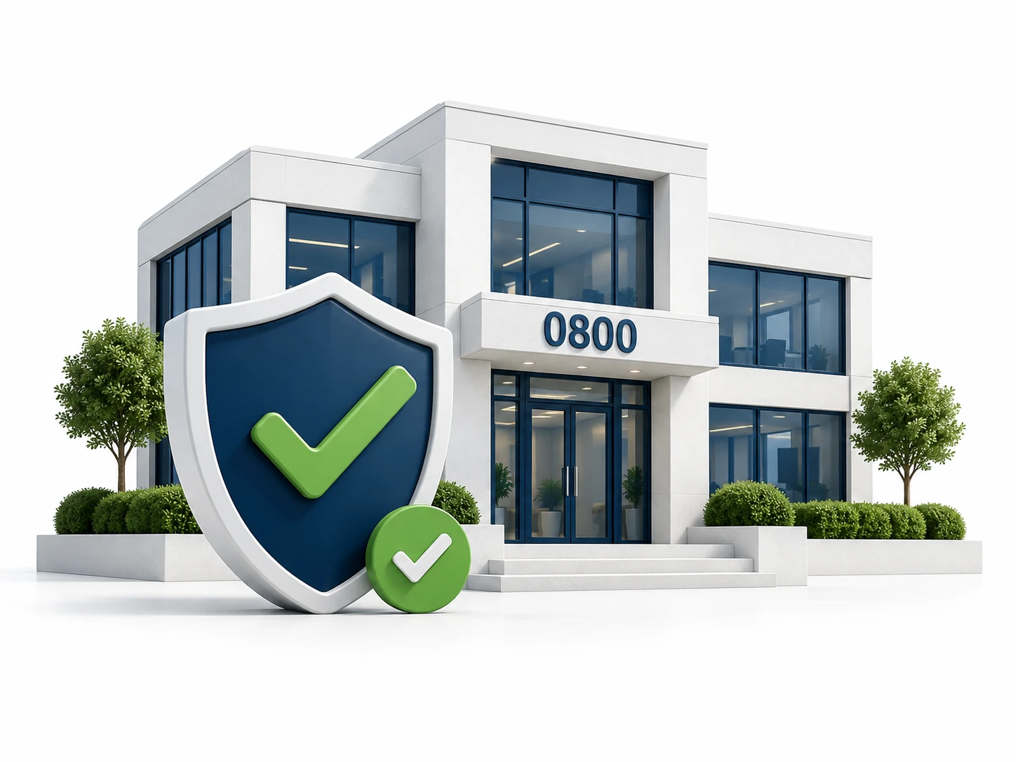 | Stream Telecom Modern office building with blue-tinted windows and 0800 on the front, beside a blue shield with a green check mark.