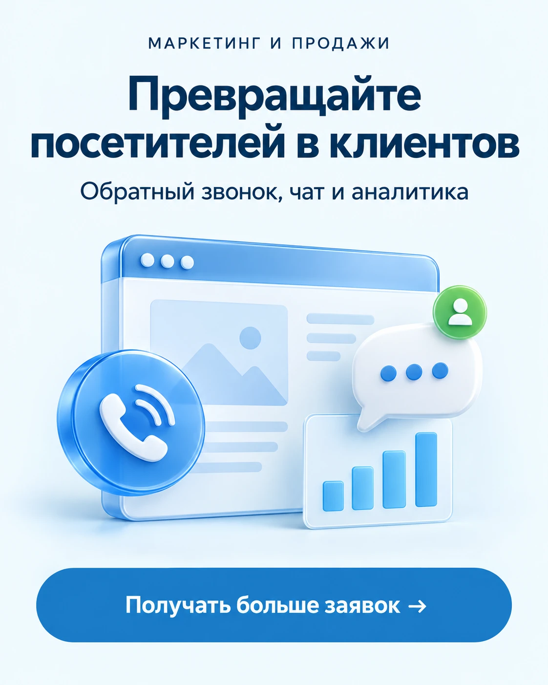 Маркетинг и продажи: иллюстрация веб-страницы с звонком, чатом и диаграммами; крупная кнопка 'Получать больше заявок'.