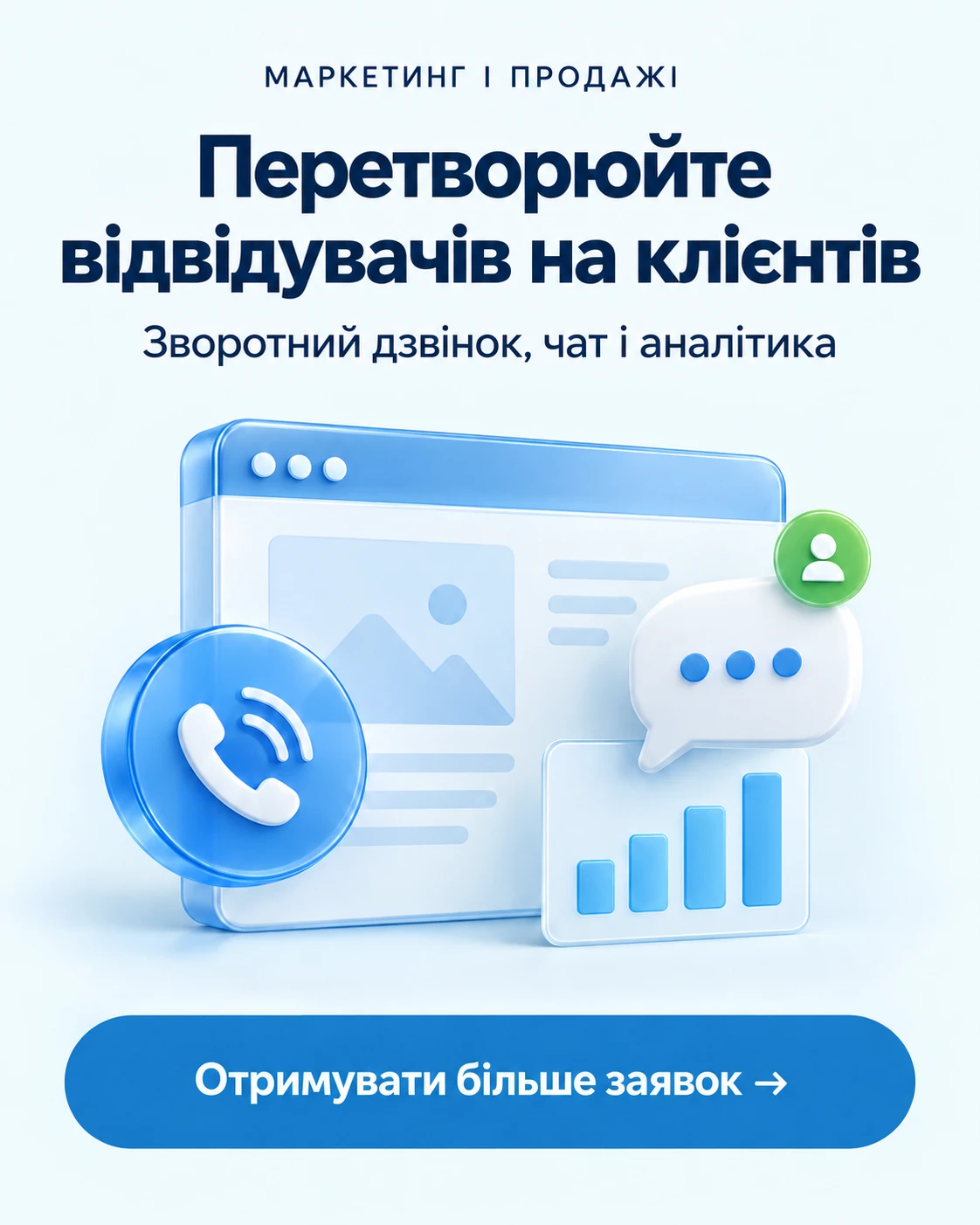 Маркетинг і продажі: перетворіть відвідувачів на клієнтів; зворотний дзвінок, чат і аналітика. Кнопка: Отримувати більше заявок.