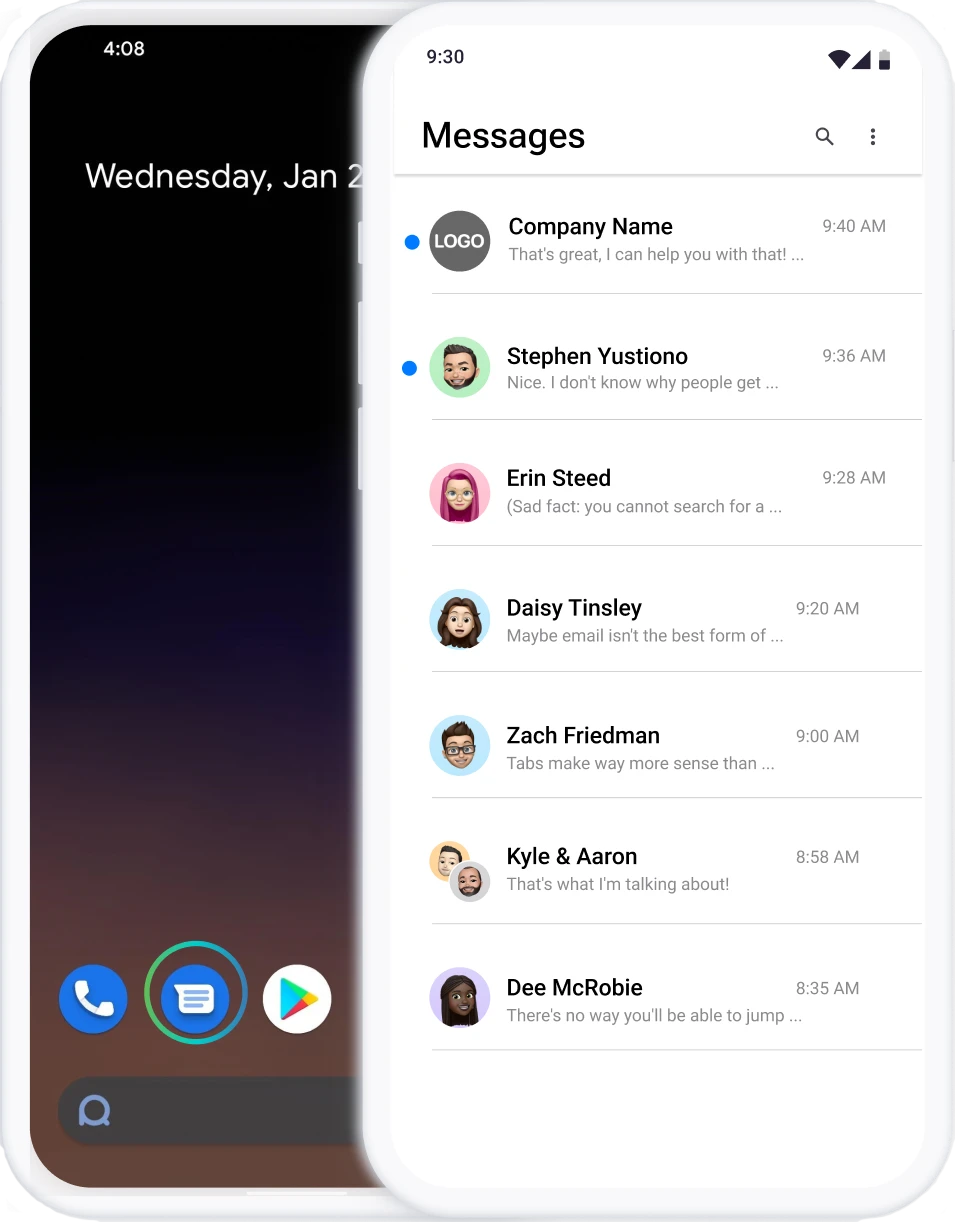 | Stream Telecom Smartphone screen showing the Messages app with several chat entries, avatars, names, and timestamps.