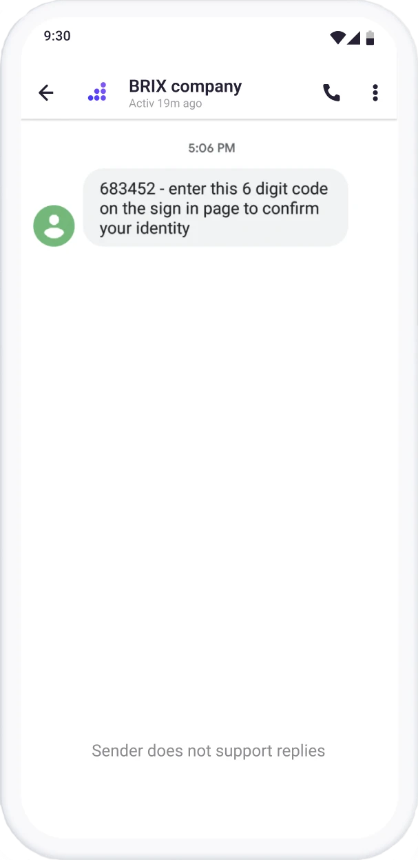 | Stream Telecom BRIX company chat with a user message: '683452 - enter this 6 digit code on the sign in page to confirm your identity' and a green avatar icon.