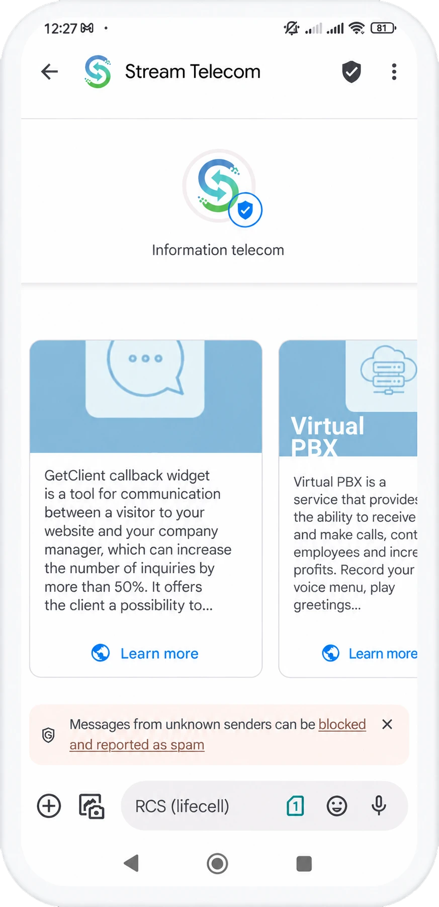 | Stream Telecom Mobile app screen for Stream Telecom showing an information banner and two feature cards about GetClient callback and Virtual PBX features.