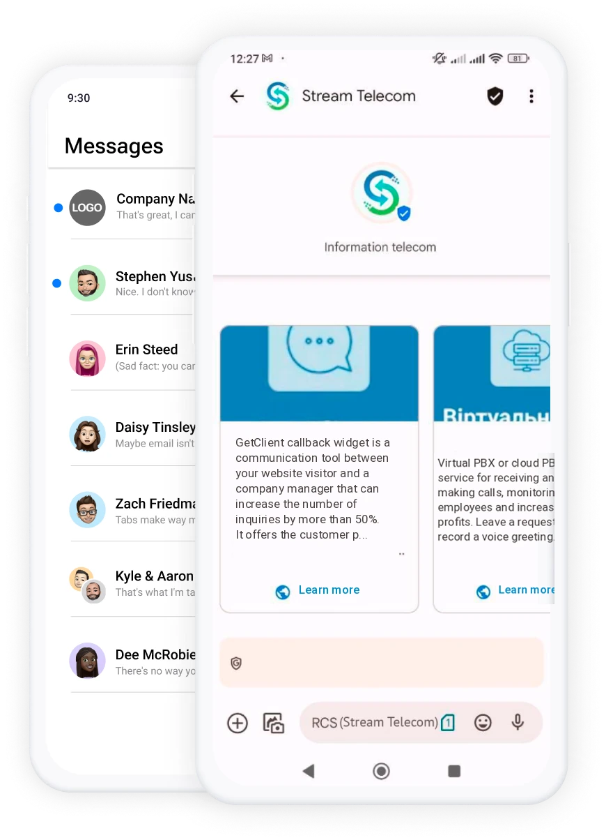 | Stream Telecom Two overlapping smartphones displaying a mobile app: left screen shows a Messages list with avatars; right screen shows a Stream Telecom dashboard with card previews.