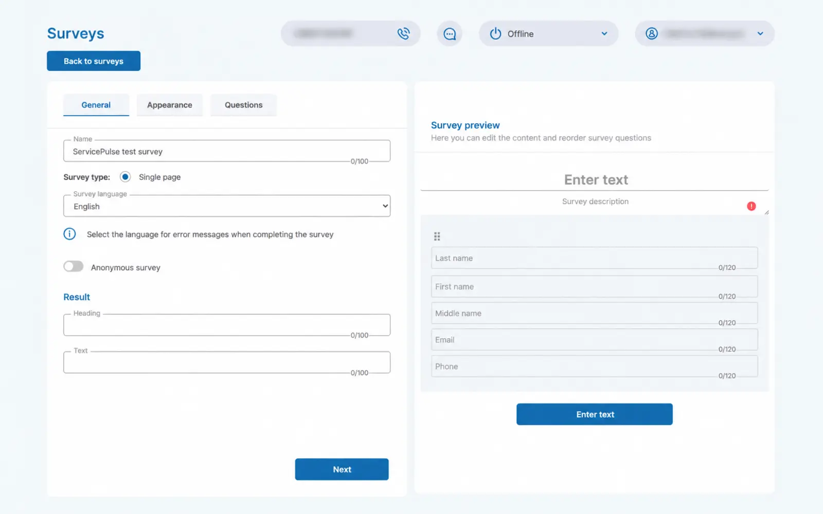 | Stream Telecom Survey builder