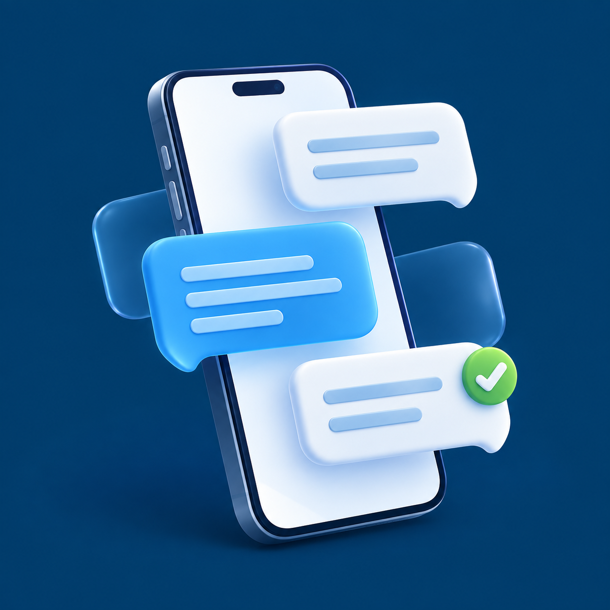 | Stream Telecom Illustration of a smartphone with blue and white chat bubbles floating around it and a green checkmark indicating delivery/read status.