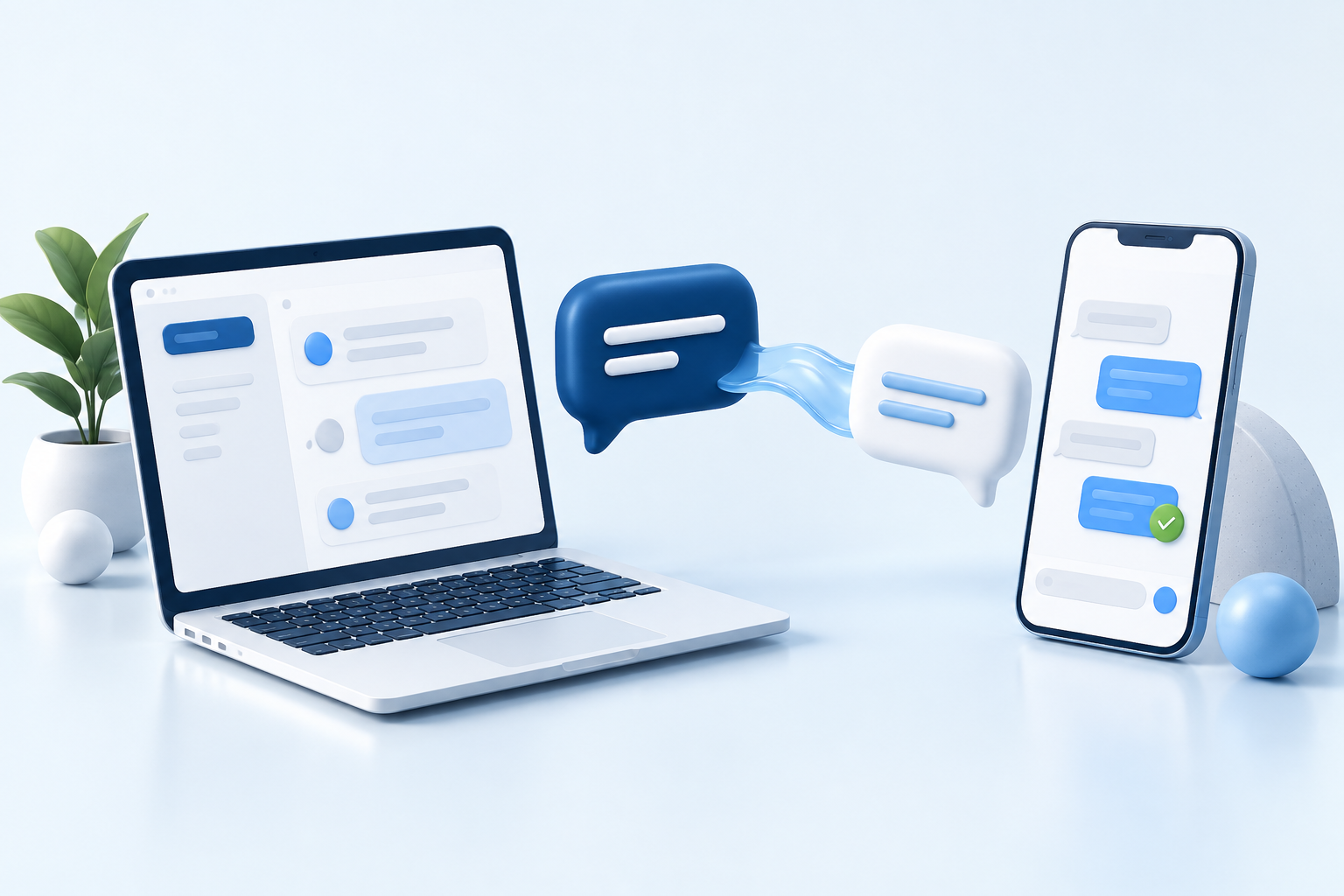 | Stream Telecom Cross-device messaging: a laptop and a smartphone exchange blue chat bubbles in a 3D illustration.