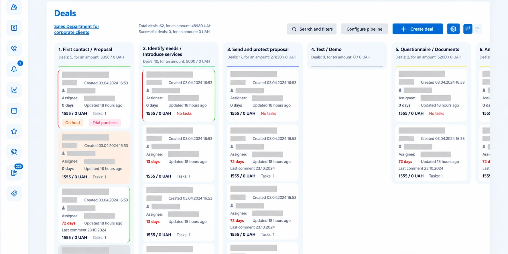 | Stream Telecom Deals dashboard titled 'Deals' showing six stage columns (1 to 6) with stacked cards containing deal details such as created date, assignee, days, and status (e.g., On hold, No tasks). Left vertical navigation bar with icons and a top action area with buttons like Create deal and Search/filters.