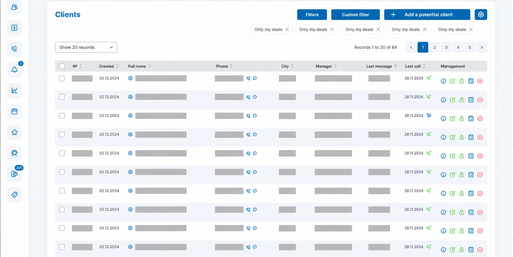 | Stream Telecom CRM: Clients list with filters, add button, and pagination at top; a table of client records with columns for number, created date, full name, phone, city, manager, last message, last call, and actions on each row.