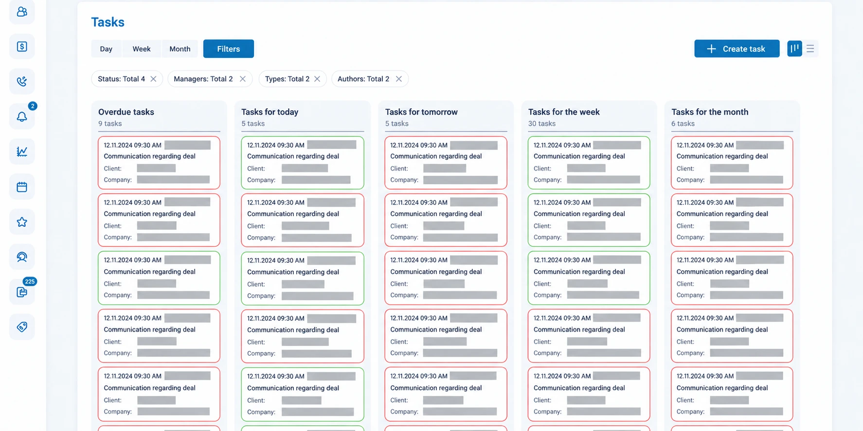 | Stream Telecom Dashboard titled Tasks showing columns: Overdue, Today, Tomorrow, Week, Month with multiple task cards and colored status borders (red/green).