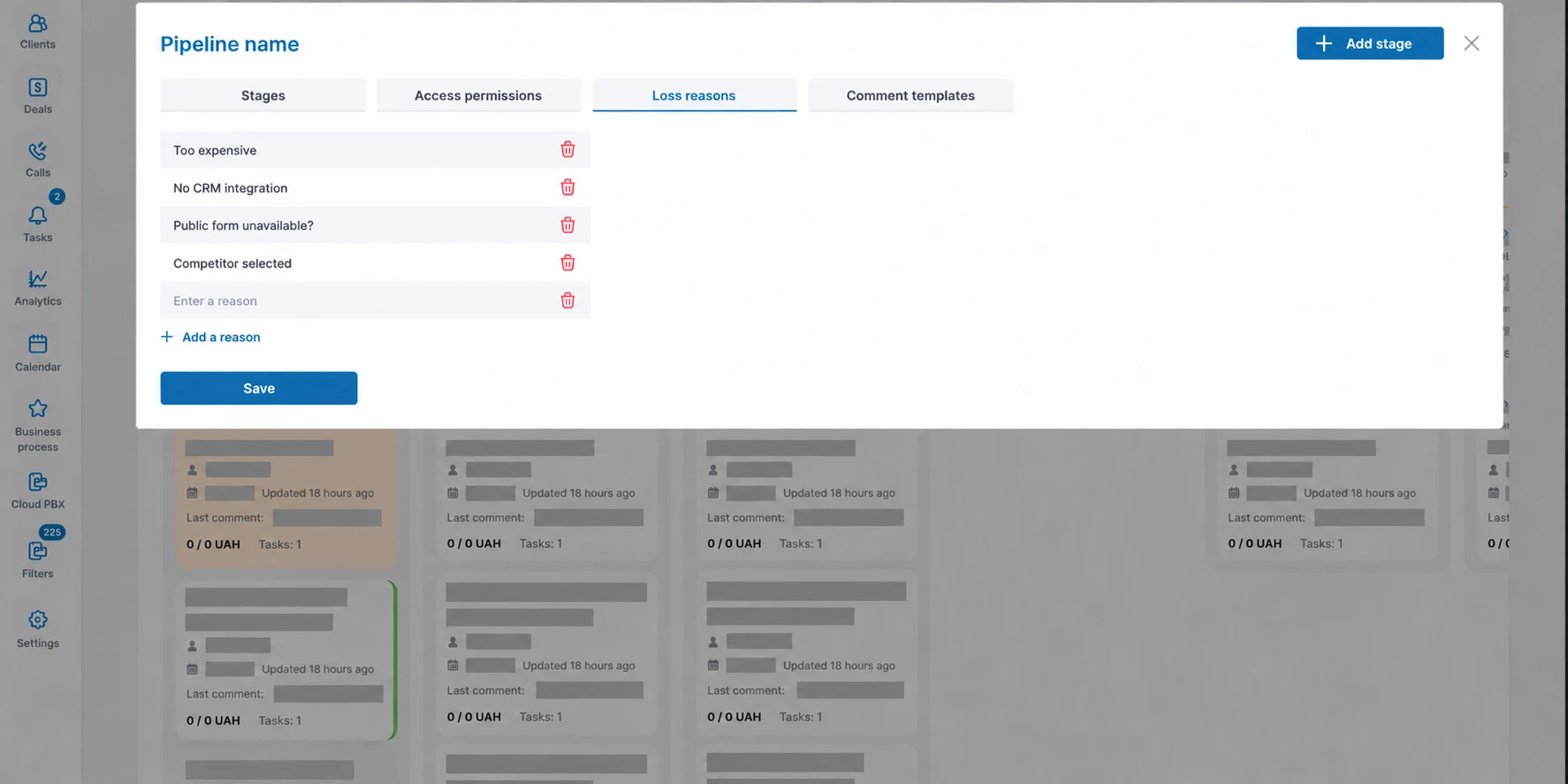 | Stream Telecom Modal for editing a pipeline: Loss reasons tab with a list of reasons and an Add a reason option, plus Save button