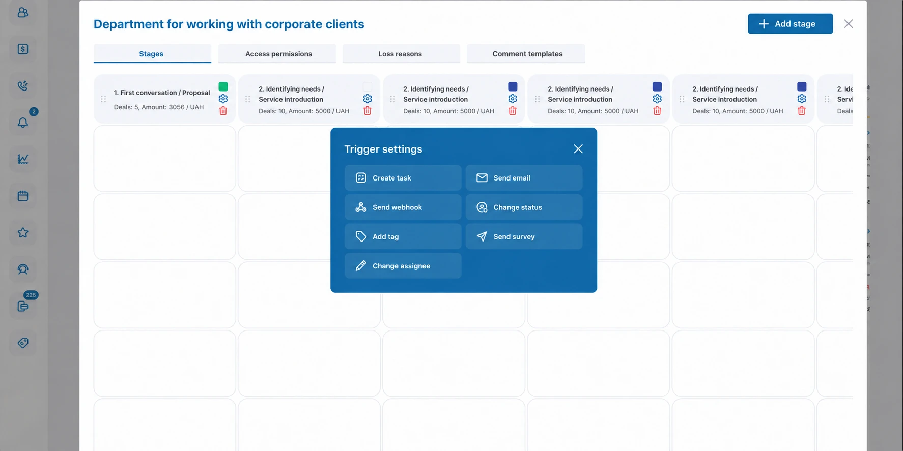 | Stream Telecom UI showing a dashboard titled 'Department for working with corporate clients' with stages tabs and a blue 'Trigger settings' modal listing actions: Create task, Send email, Send webhook, Change status, Add tag, Send survey, Change assignee.