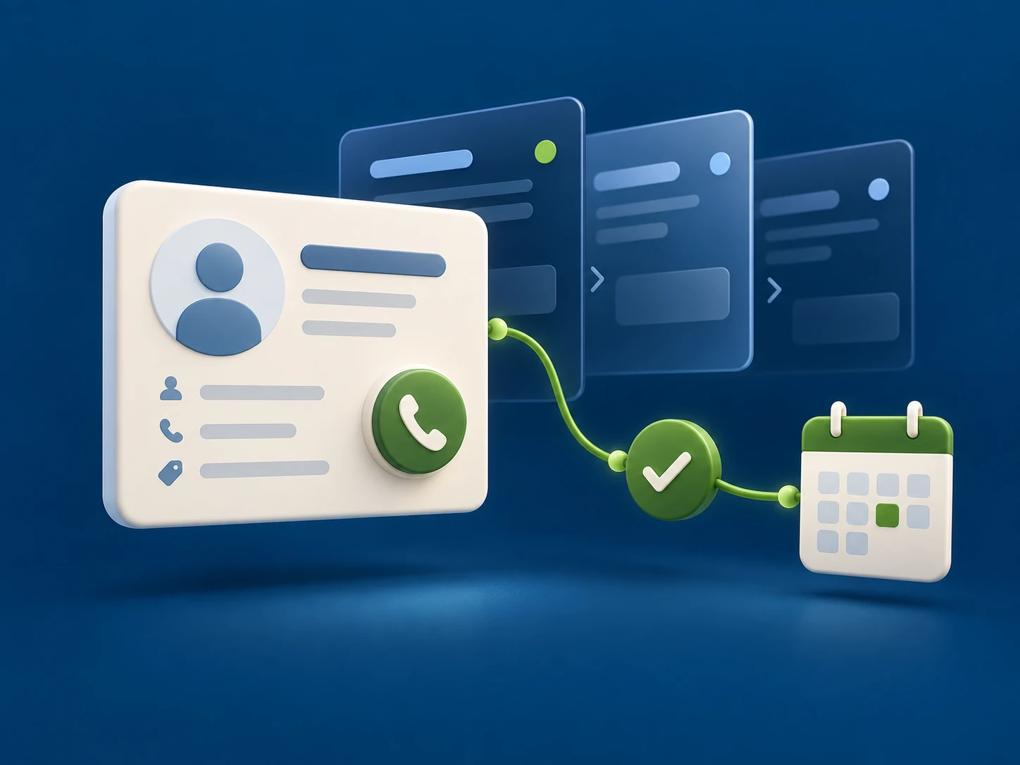 | Stream Telecom 3D illustration of a contact card connected by a green line to calendar and schedule icons, representing contact management and appointments.