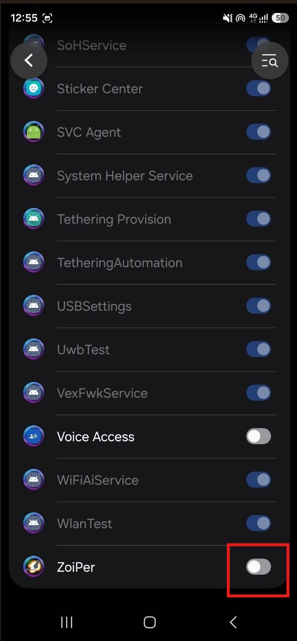 10 | Stream Telecom Android settings list of services with each row showing a toggle; ZoiPer at the bottom is disabled (toggle off).