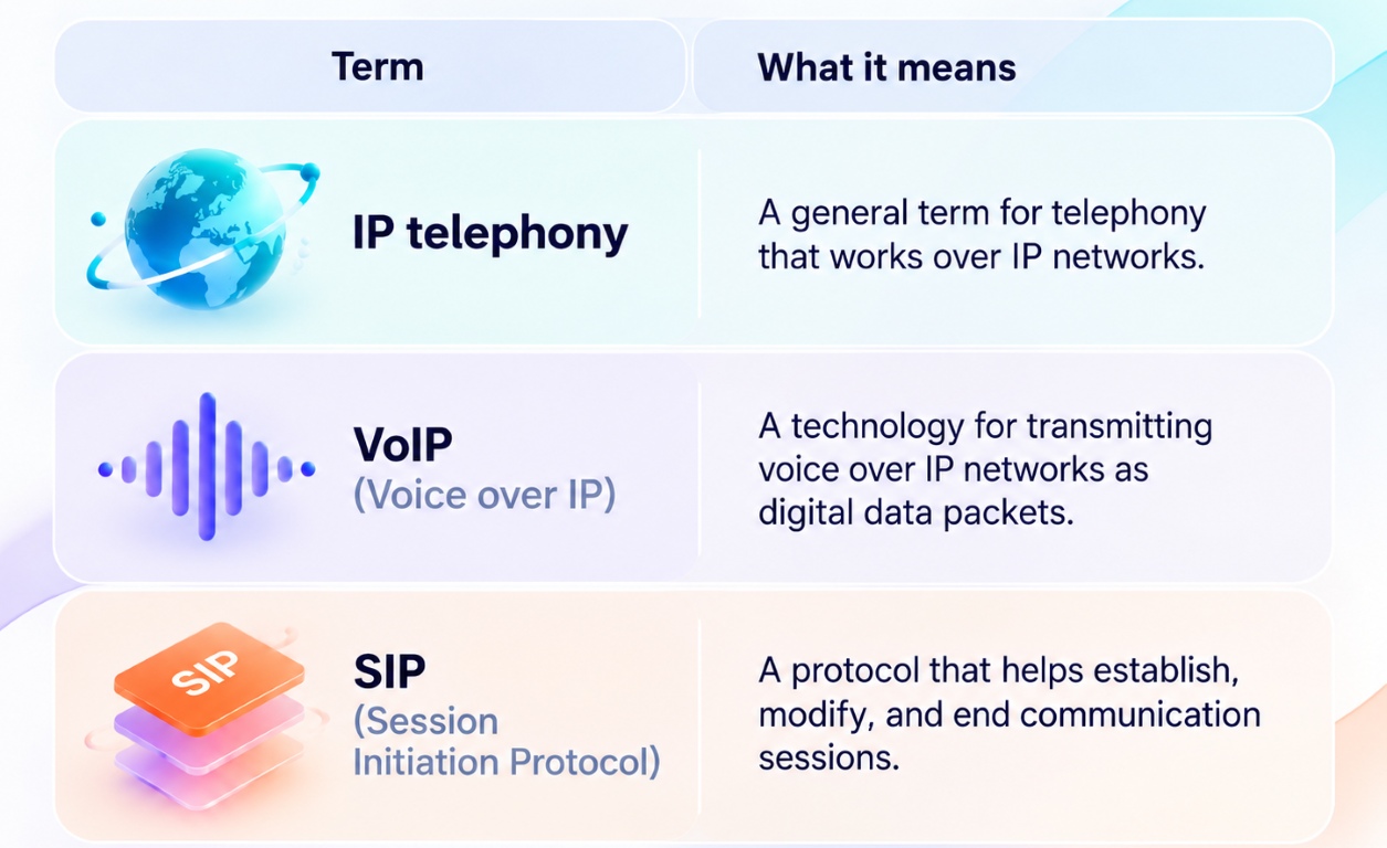 Infografika o IP telefoniji i VoIP-u | Stream Telecom Infographic listing terms and meanings: IP telephony, VoIP, and SIP with concise definitions.