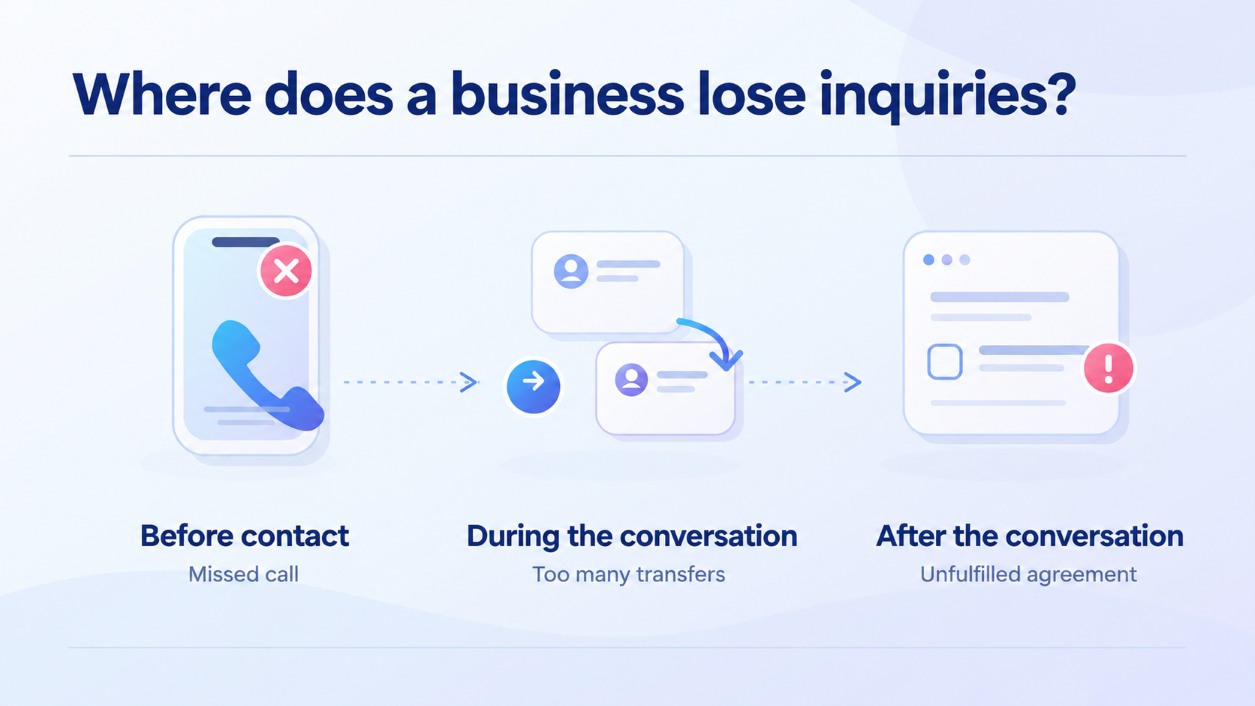 koli-popit-zrostaye-shvidshe-za-prodazhi-angl-2 | Stream Telecom Infographic showing three failure points: Before contact—Missed call; During—the transfers; After—the unfulfilled agreement rapid sequence of icons across a light blue background.